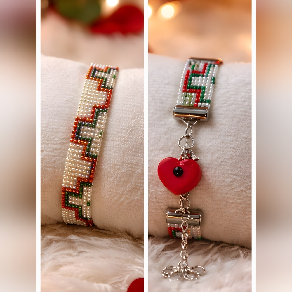 #433 HAND CRAFTED Bracelet Handcrafted Handmade Red White Green Seed Beads Heart